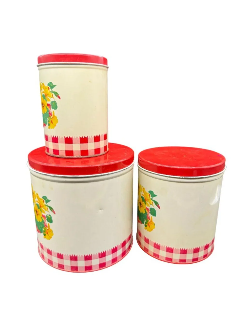 Vtg 40s Gingham Nasturtiums Floral Pattern Red Metal Canisters Nesting Lot 3